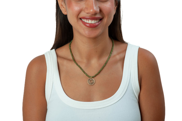 Chinese Coin Pendant Necklace with Dark Jade Beads