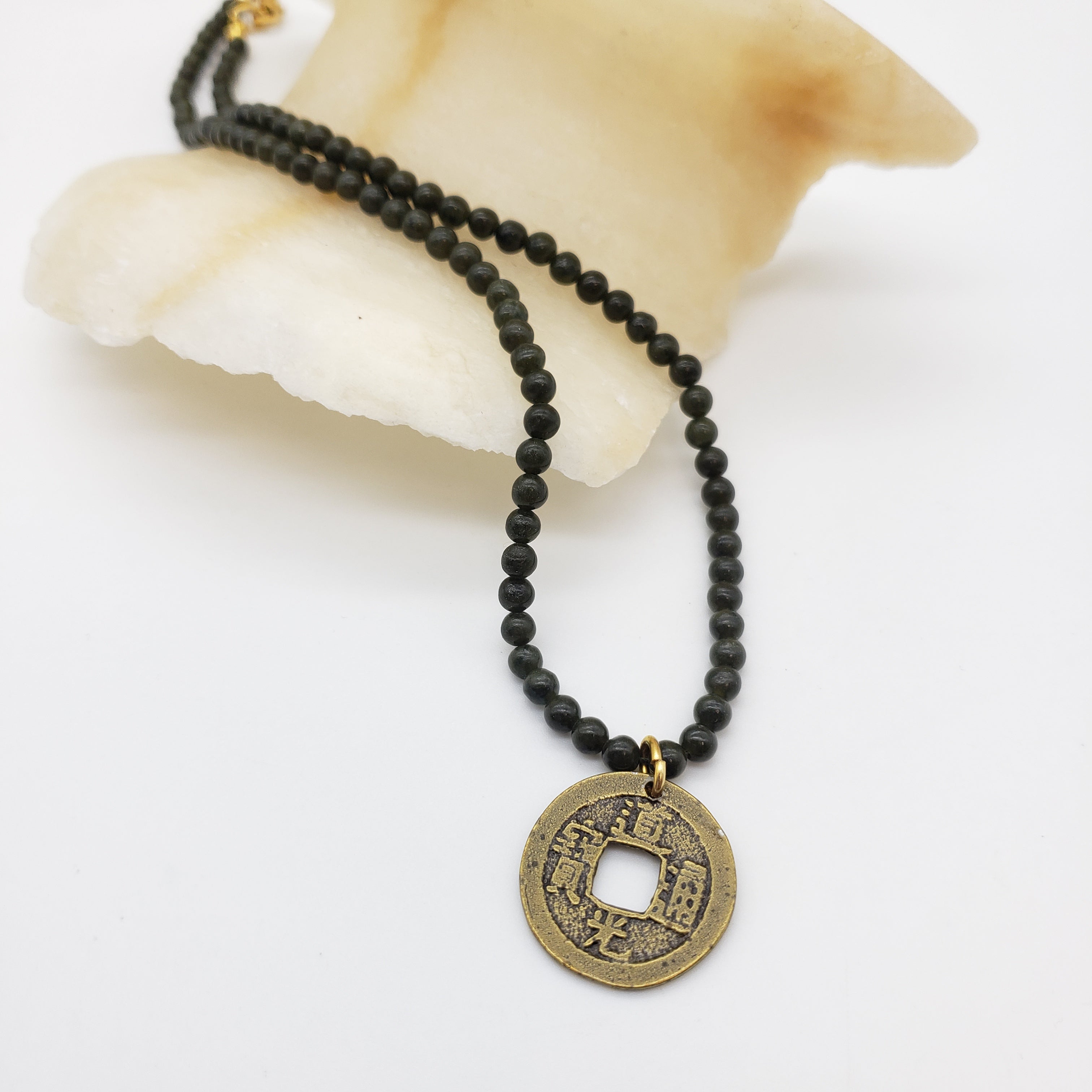 Chinese Coin Pendant Necklace with Dark Jade Beads – Museum