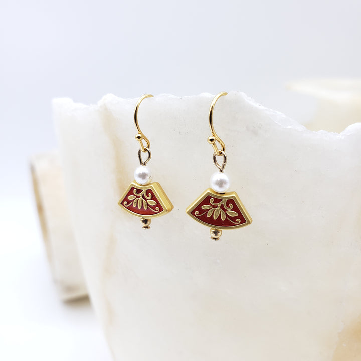 Asian Golden Lotus Earring with Pearl