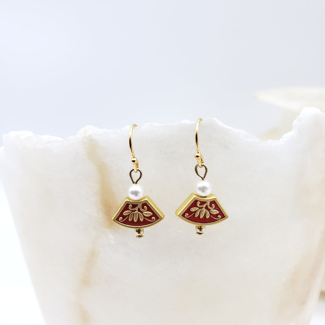 Asian Golden Lotus Earring with Pearl