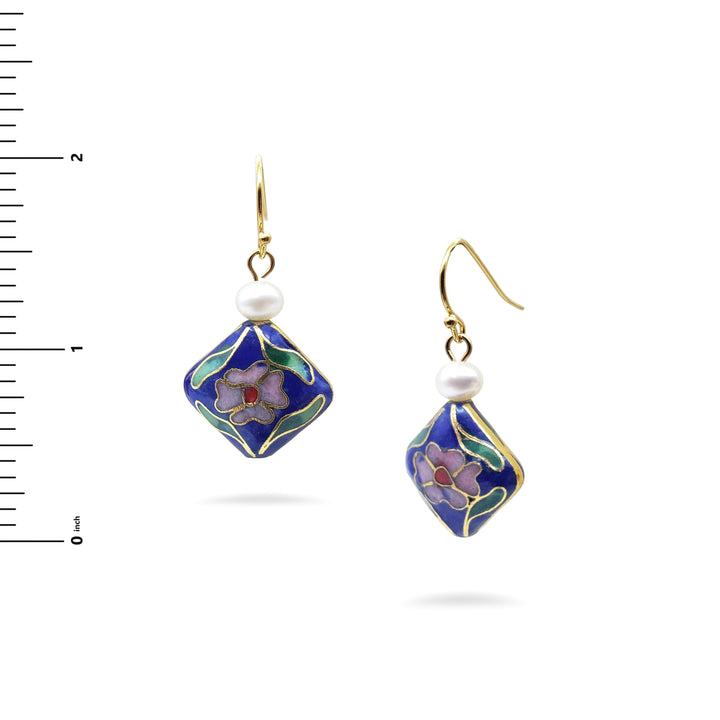 Asian Flower Earring with Pearl - Deep Blue