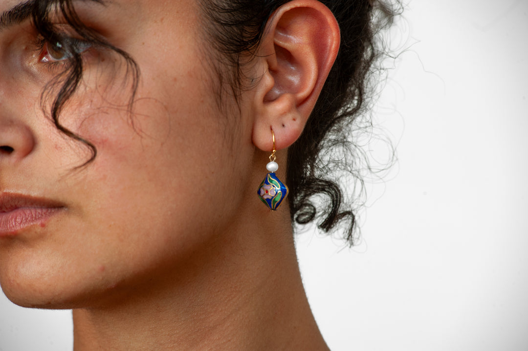 Asian Flower Earring with Pearl - Deep Blue