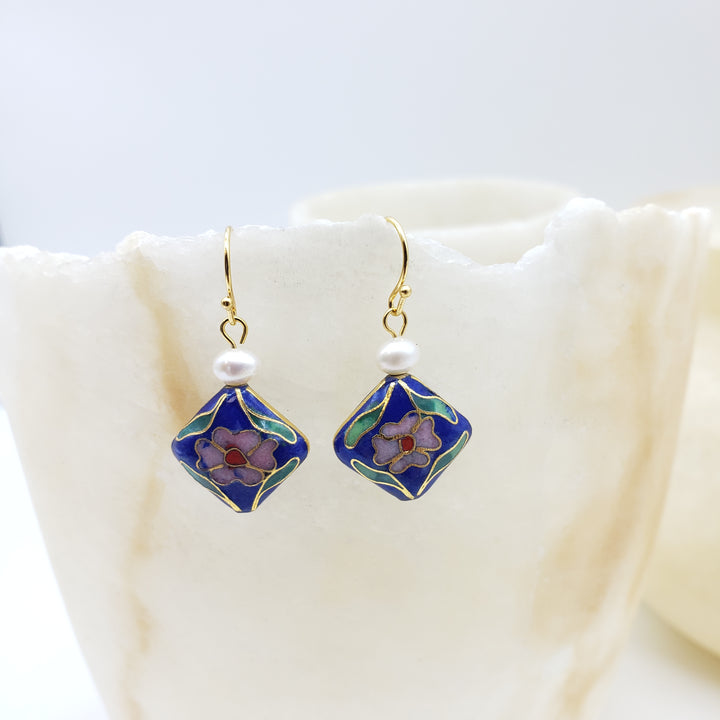 Asian Flower Earring with Pearl - Deep Blue