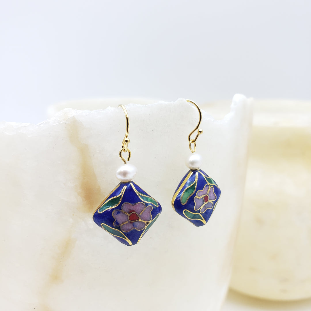 Asian Flower Earring with Pearl - Deep Blue