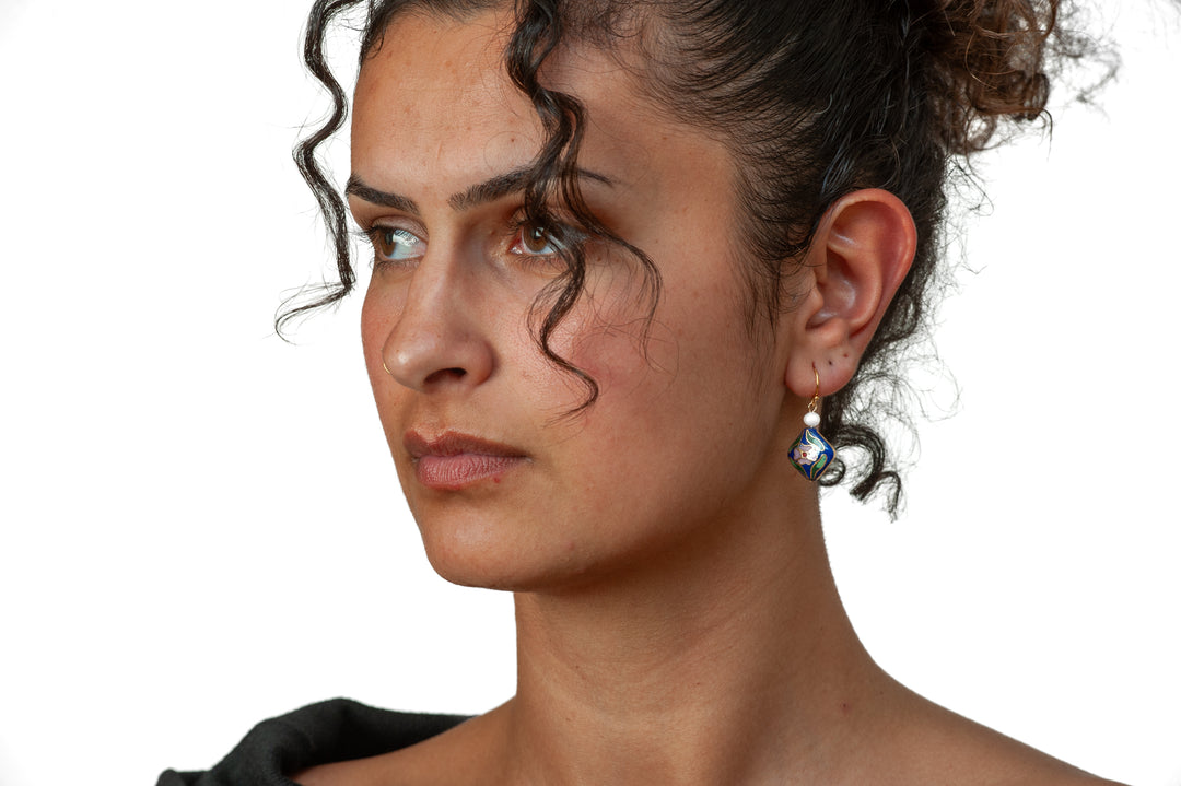 Asian Flower Earring with Pearl - Deep Blue