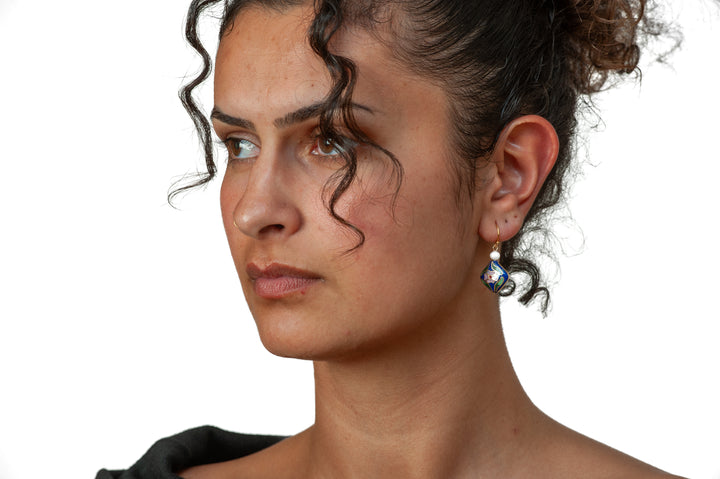 Asian Flower Earring with Pearl - Deep Blue