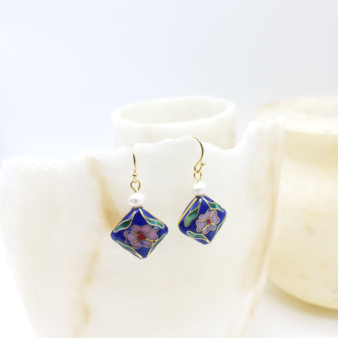 Asian Flower Earring with Pearl - Deep Blue