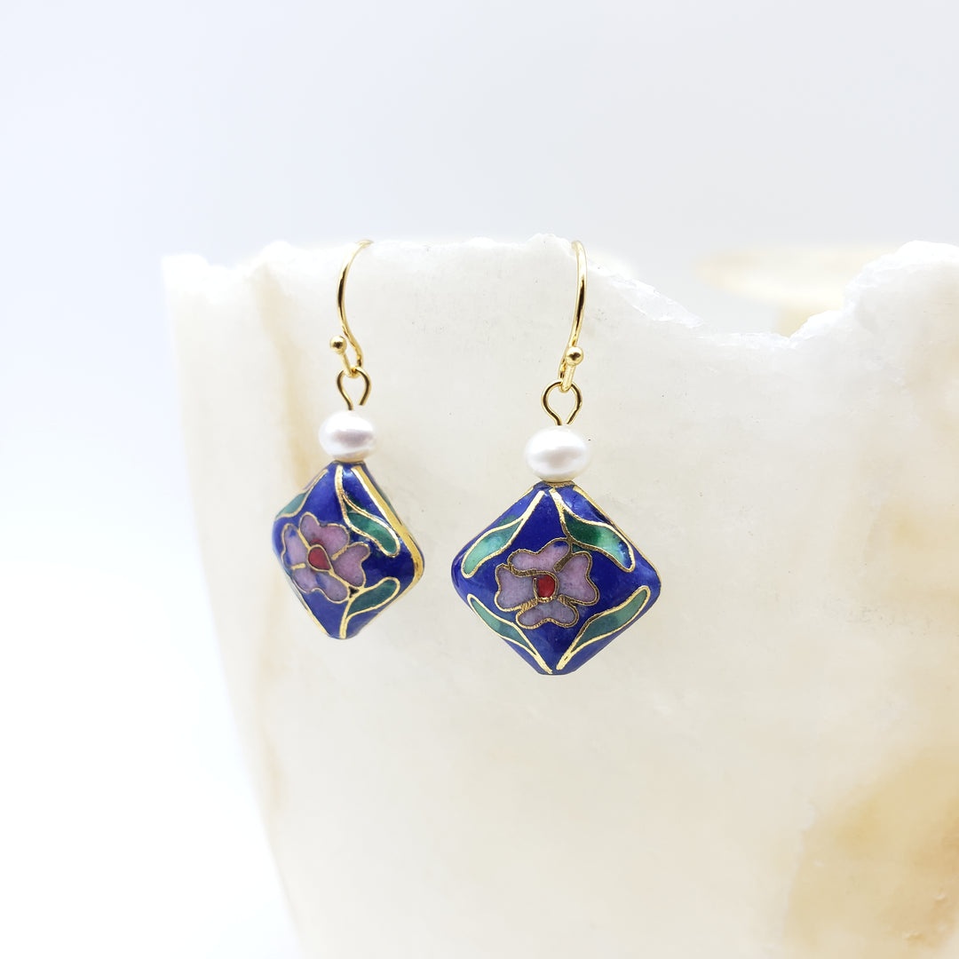 Asian Flower Earring with Pearl - Deep Blue