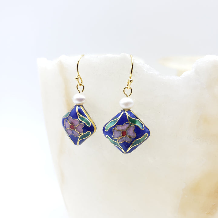 Asian Flower Earring with Pearl - Deep Blue