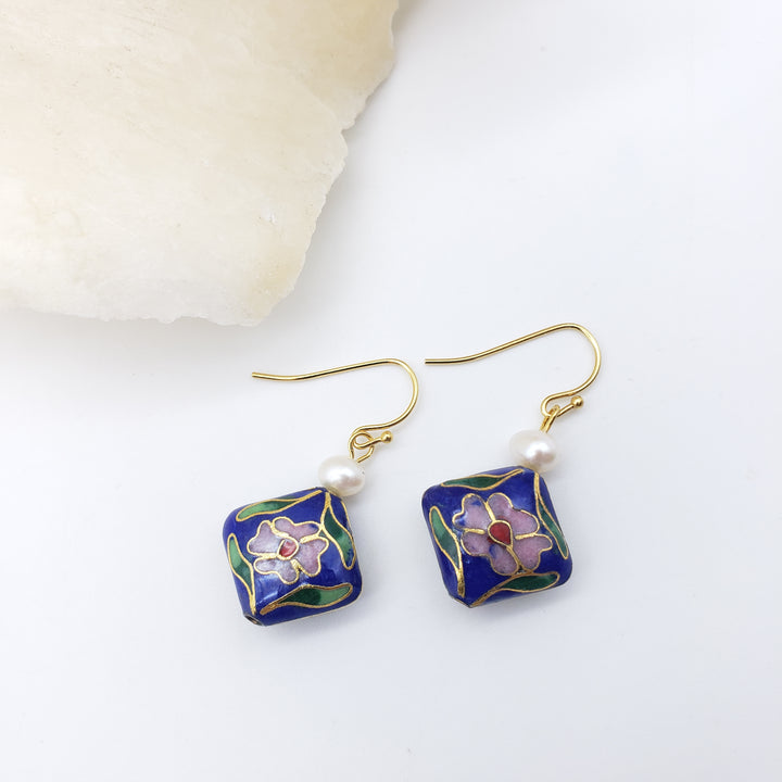 Asian Flower Earring with Pearl - Deep Blue