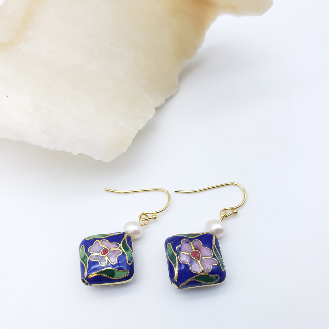 Asian Flower Earring with Pearl - Deep Blue