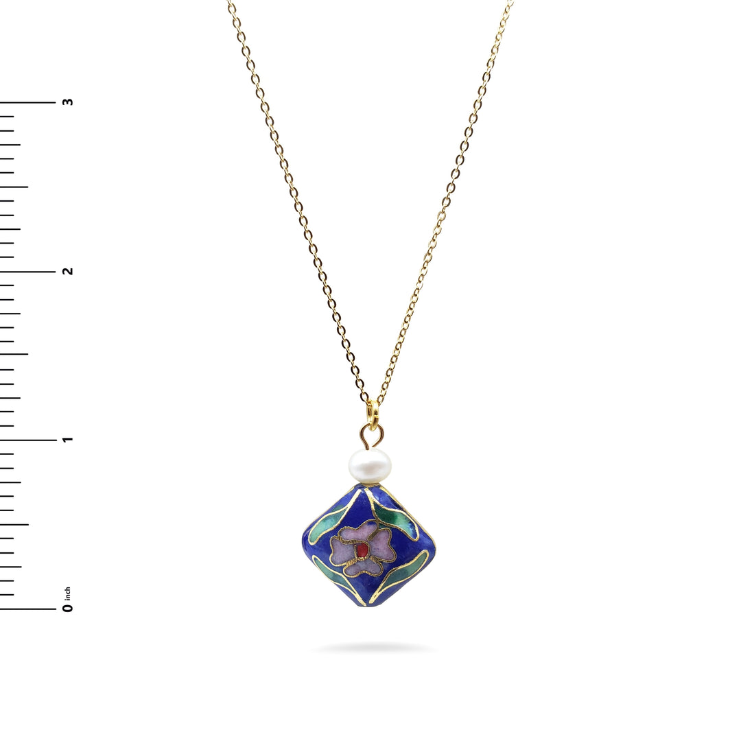 Asian Flower Pendant with Pearl - Deep Blue