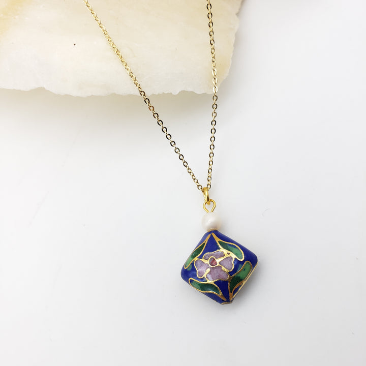 Asian Flower Pendant with Pearl - Deep Blue