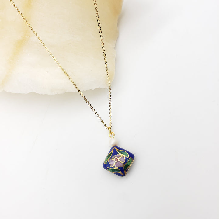 Asian Flower Pendant with Pearl - Deep Blue