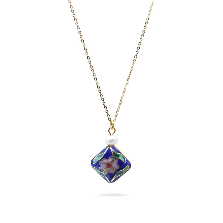 Asian Flower Pendant with Pearl - Deep Blue