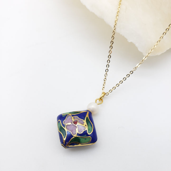 Asian Flower Pendant with Pearl - Deep Blue