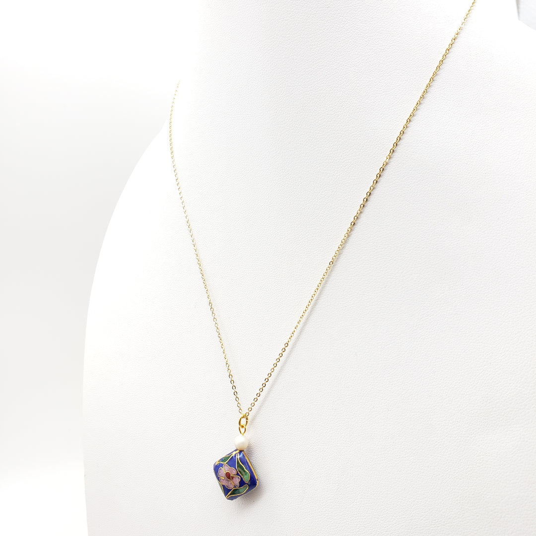 Asian Flower Pendant with Pearl - Deep Blue