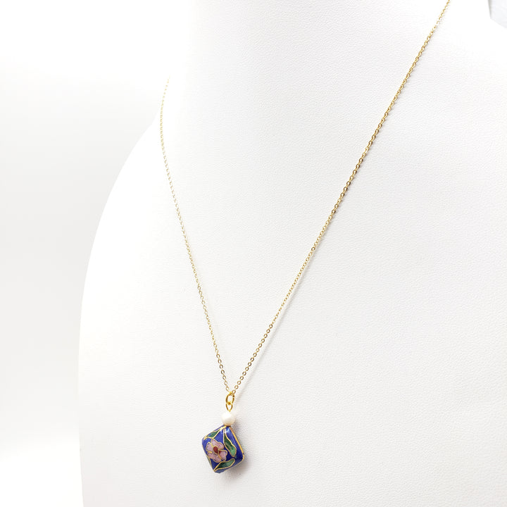 Asian Flower Pendant with Pearl - Deep Blue