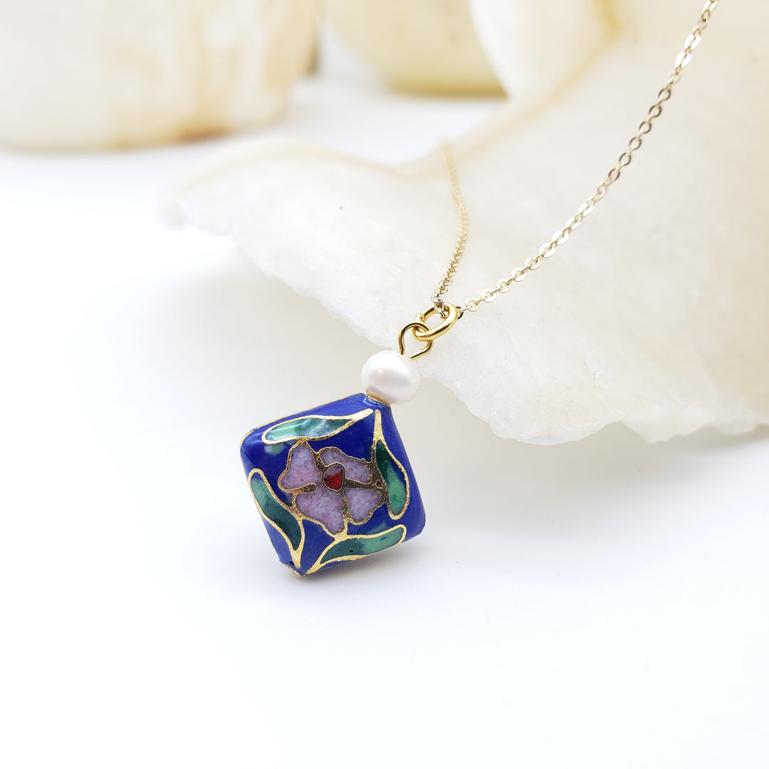 Asian Flower Pendant with Pearl - Deep Blue