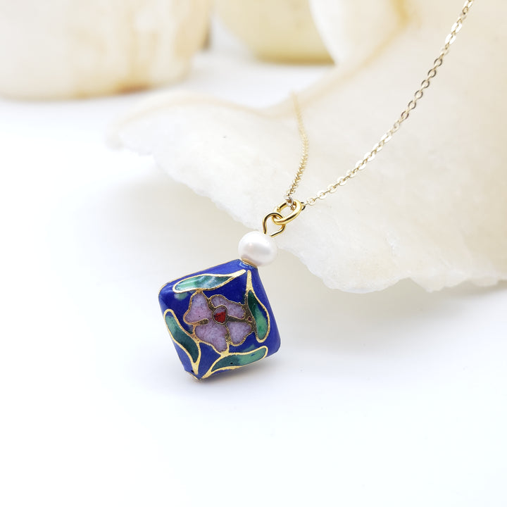 Asian Flower Pendant with Pearl - Deep Blue