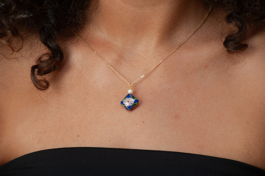 Asian Flower Pendant with Pearl - Deep Blue