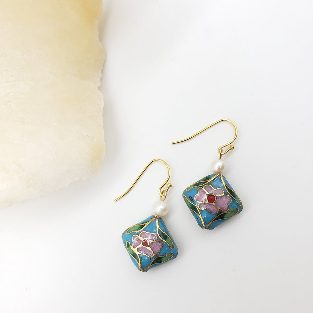 Asian Flower Earring with Pearl - Soft Blue