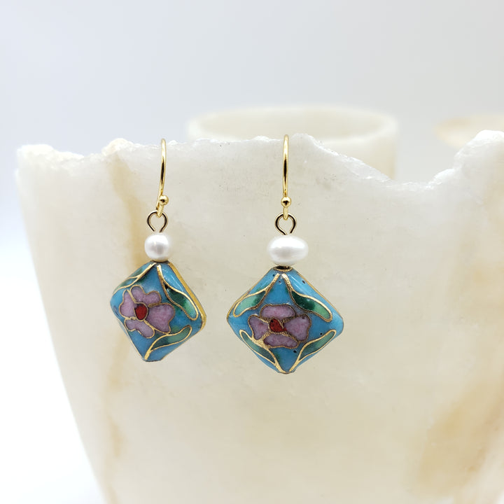 Asian Flower Earring with Pearl - Soft Blue