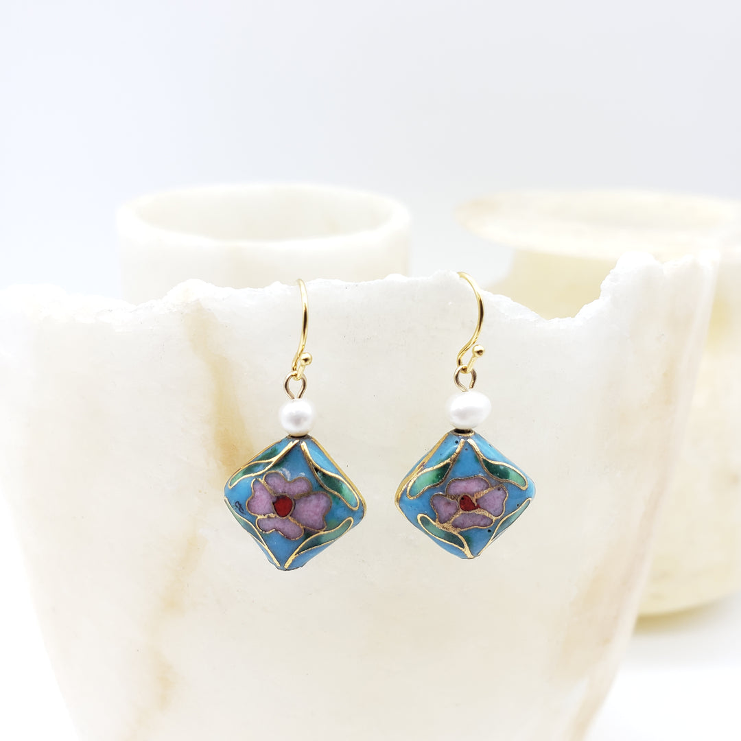 Asian Flower Earring with Pearl - Soft Blue