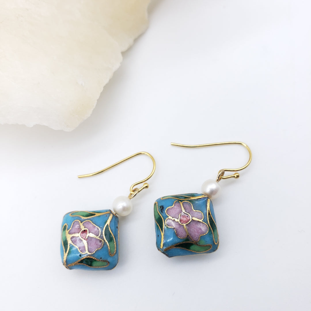 Asian Flower Earring with Pearl - Soft Blue