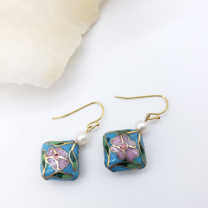 Asian Flower Earring with Pearl - Soft Blue