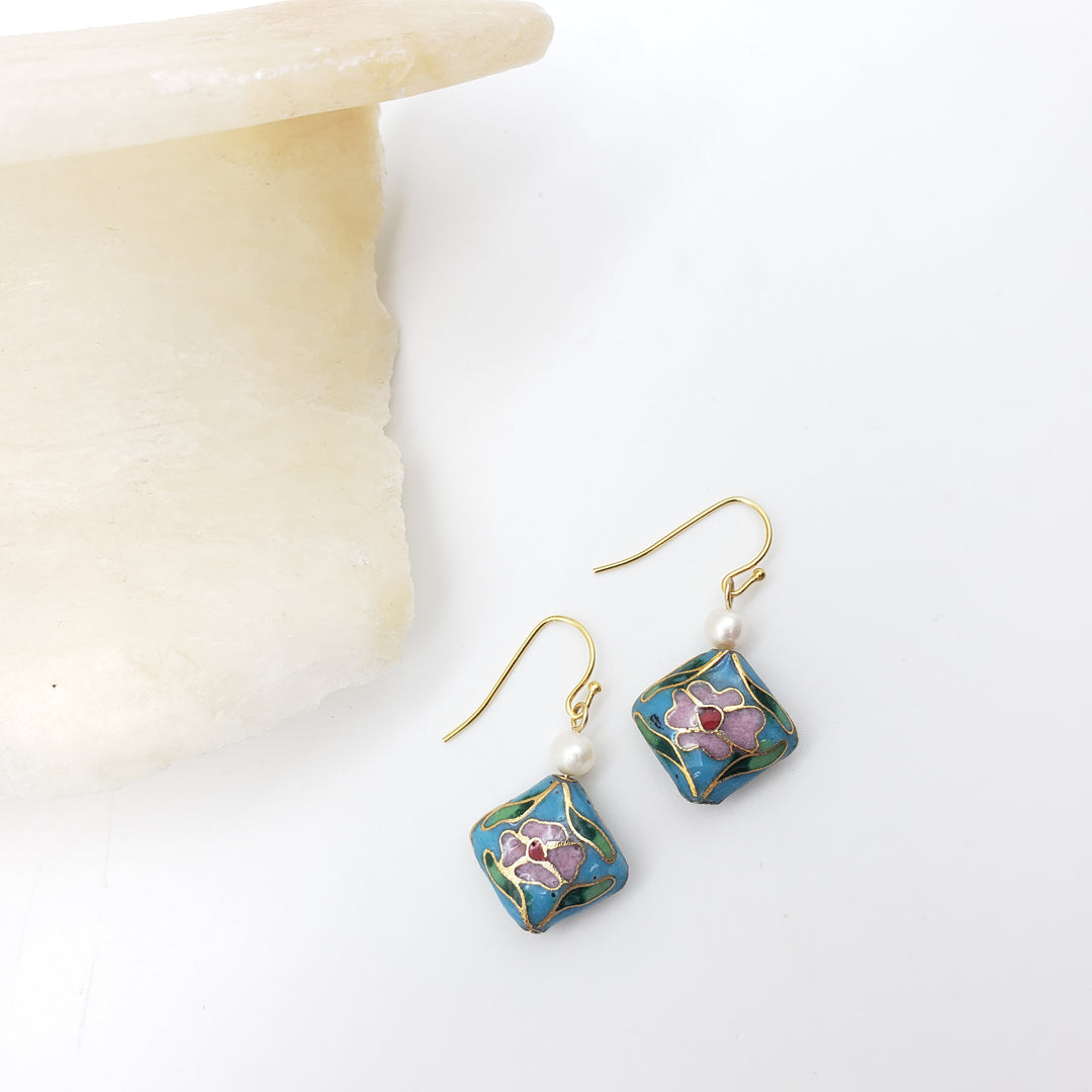 Asian Flower Earring with Pearl - Soft Blue