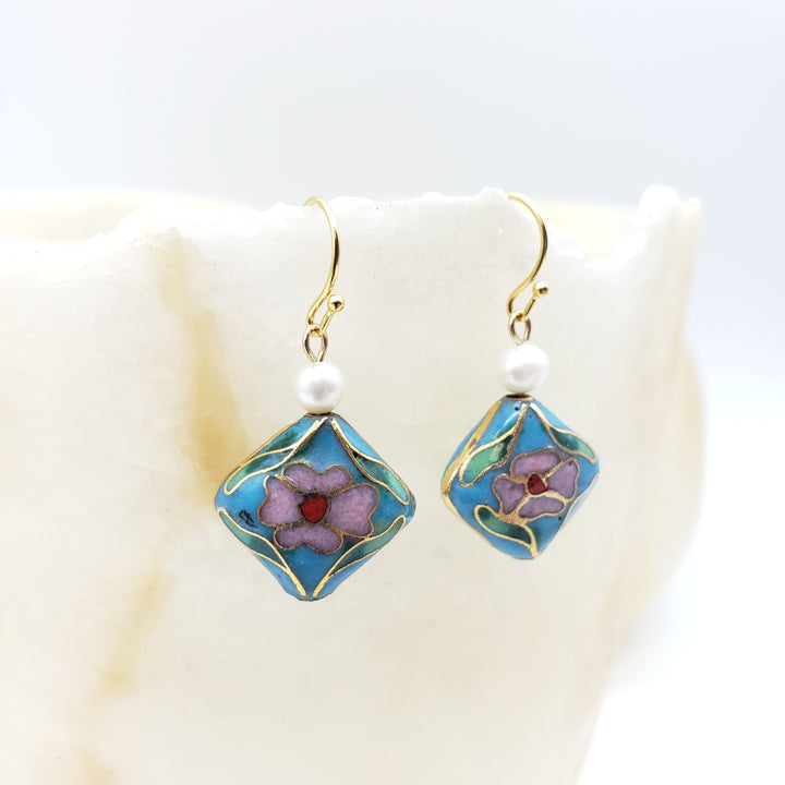 Asian Flower Earring with Pearl - Soft Blue
