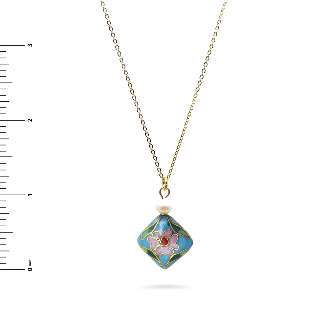 Asian Flower Pendant with Pearl - Soft Blue