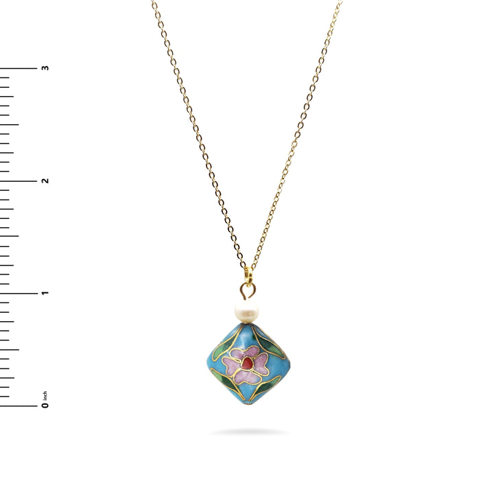 Asian Flower Pendant with Pearl - Soft Blue
