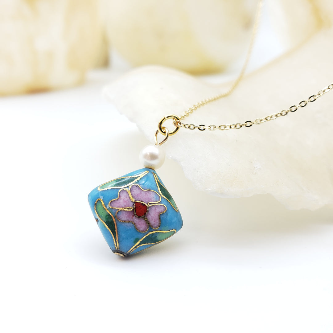 Asian Flower Pendant with Pearl - Soft Blue