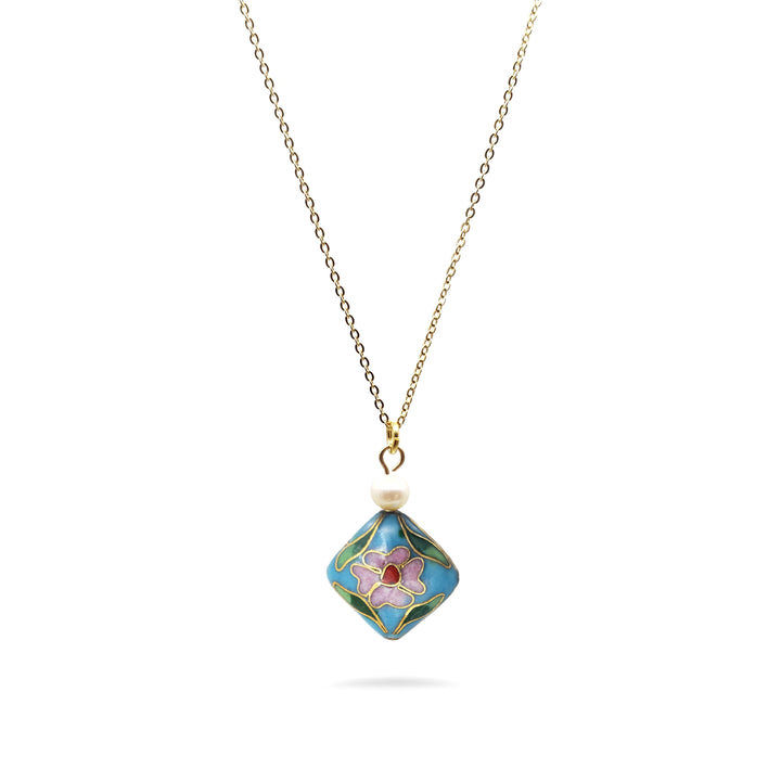 Asian Flower Pendant with Pearl - Soft Blue