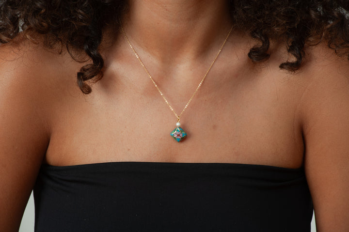 Asian Flower Pendant with Pearl - Soft Blue