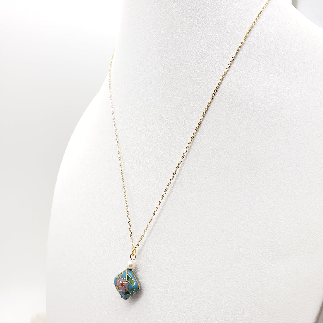 Asian Flower Pendant with Pearl - Soft Blue