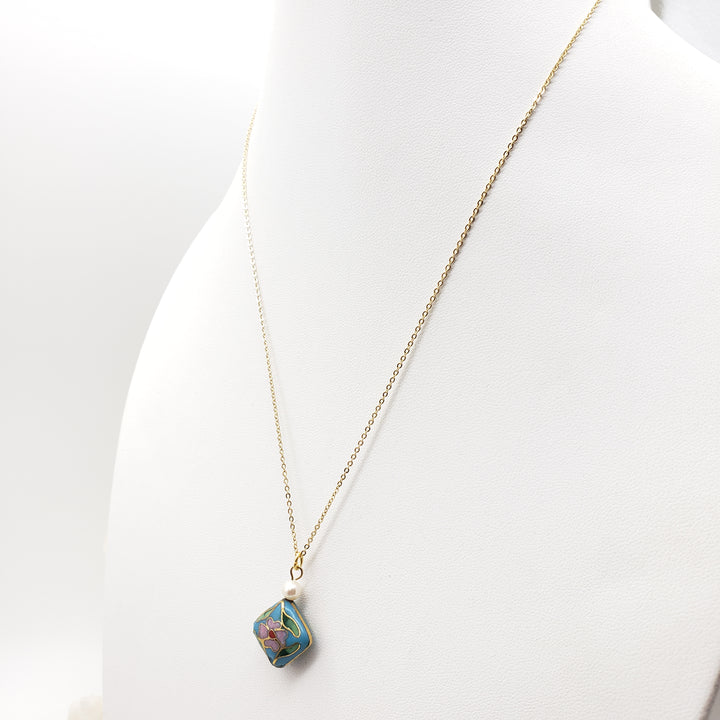 Asian Flower Pendant with Pearl - Soft Blue
