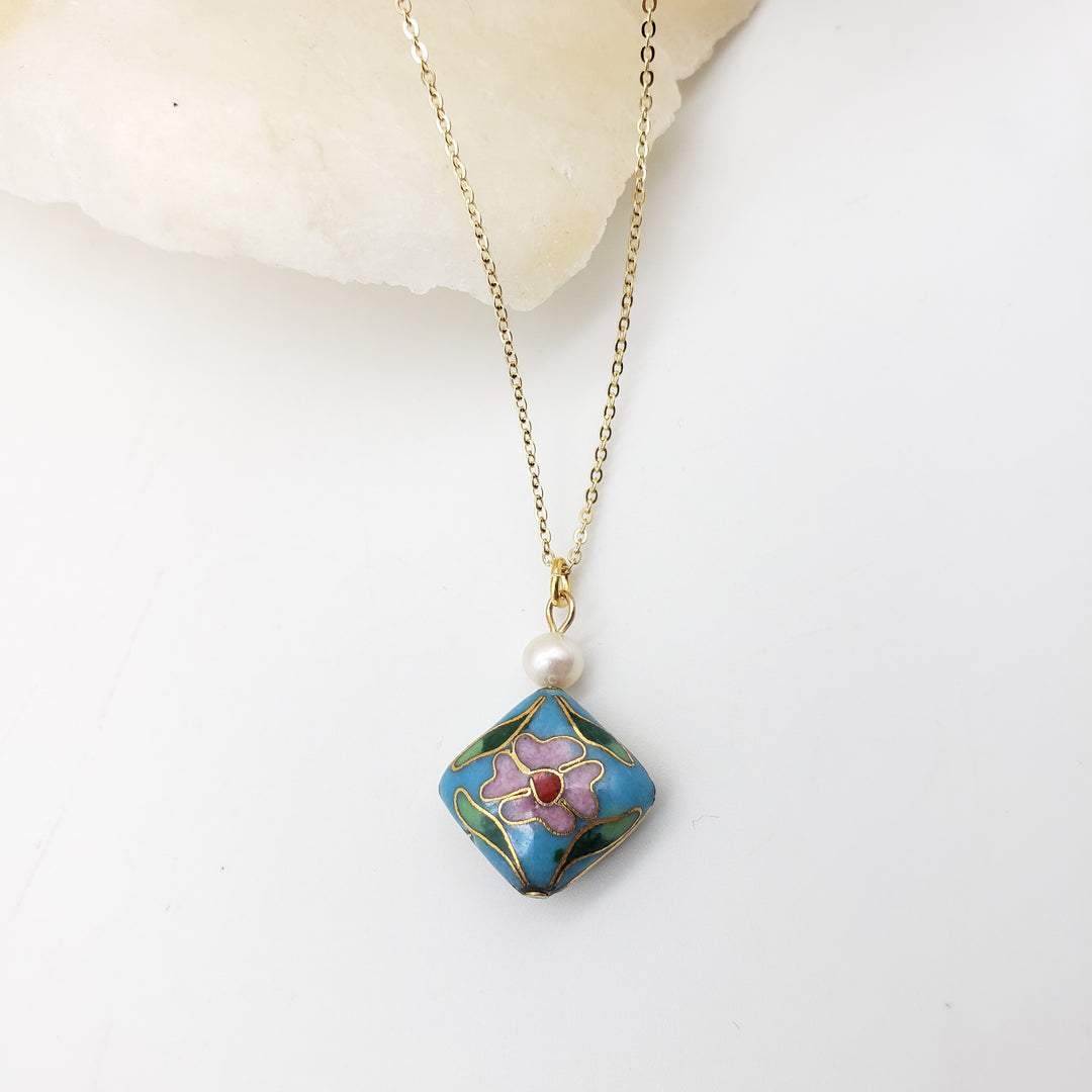 Asian Flower Pendant with Pearl - Soft Blue