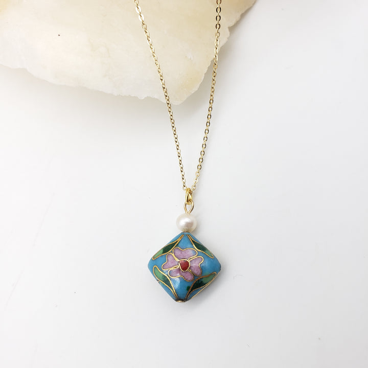 Asian Flower Pendant with Pearl - Soft Blue