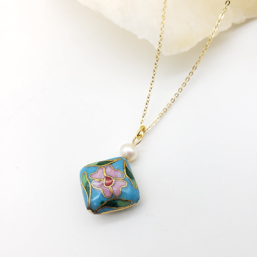 Asian Flower Pendant with Pearl - Soft Blue