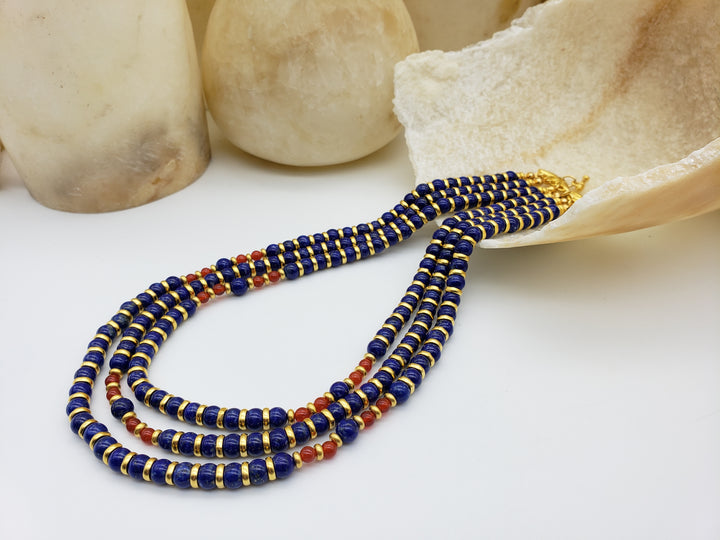 Nefertari Triple Strand Necklace - Egyptian Lapis Lazuli and Carnelian