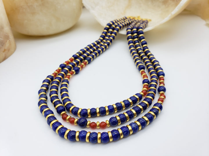 Nefertari Triple Strand Necklace - Egyptian Lapis Lazuli and Carnelian