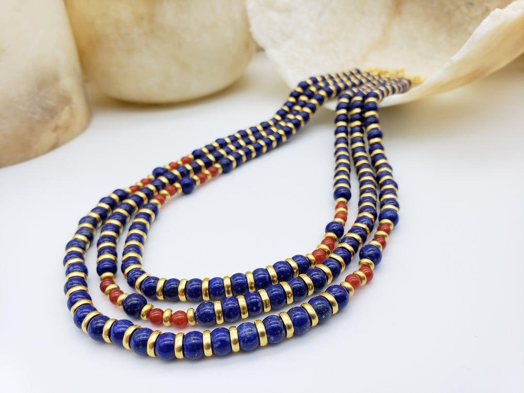Nefertari Triple Strand Necklace - Egyptian Lapis Lazuli and Carnelian