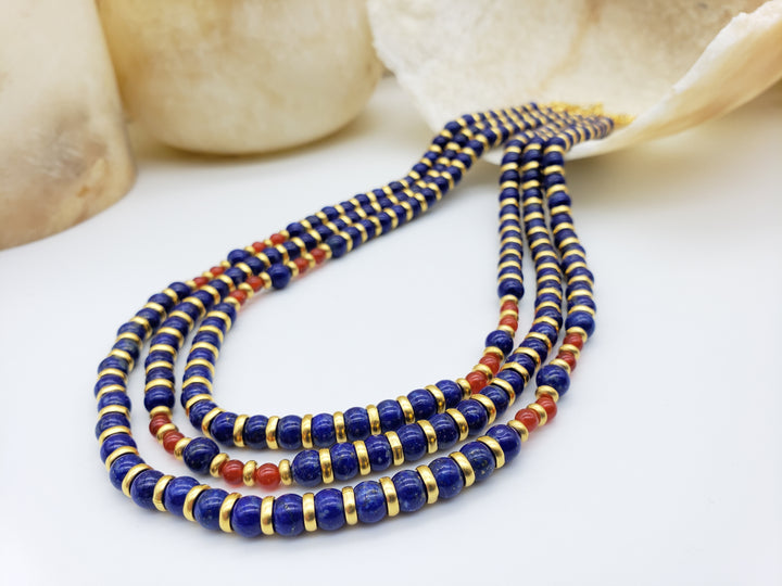 Nefertari Triple Strand Necklace - Egyptian Lapis Lazuli and Carnelian