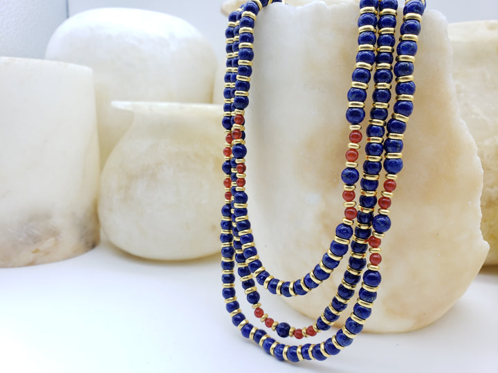 Nefertari Triple Strand Necklace - Egyptian Lapis Lazuli and Carnelian