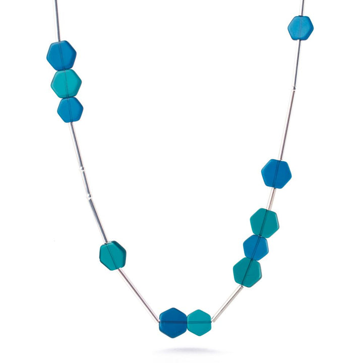Teal and Blue Glass Hexagon Beaded Necklace