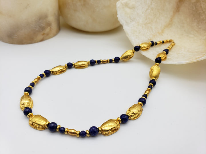 Egyptian Scarab and Lapis Beaded Necklace