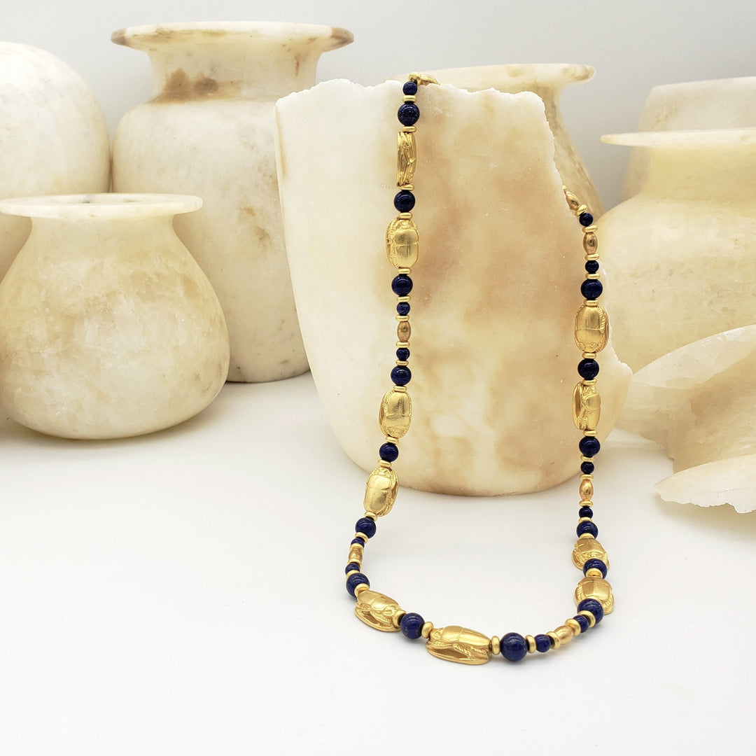 Egyptian Scarab and Lapis Beaded Necklace